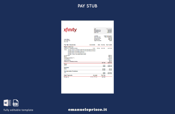 modello di busta paga della società di trasmissione USA Xfinity in stile verific